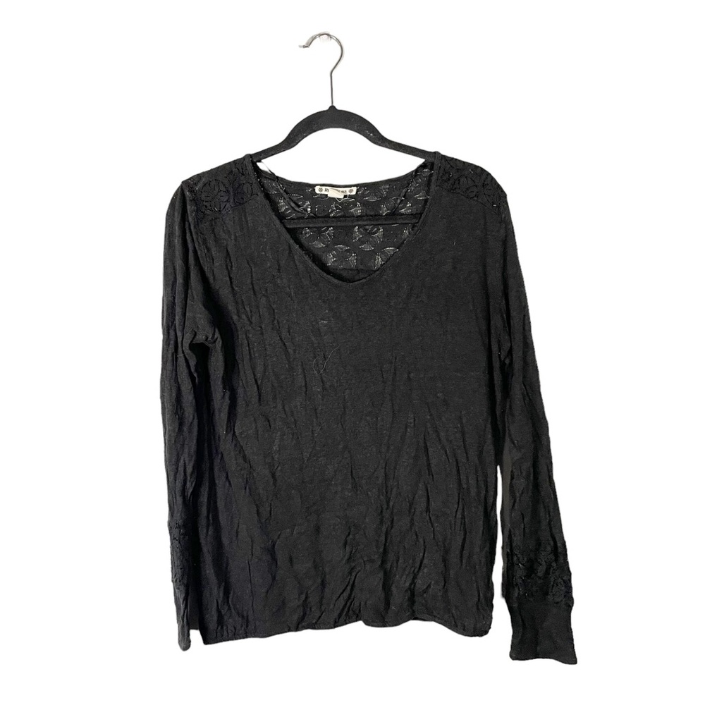 Ruff Hewn Casual Black Linen Blend Floral Lace Long Sleeve Blouse Size Medium